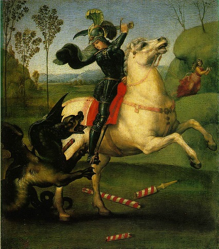 Raffaello Sanzio painting of Saint George, killing the dragon with a sword.