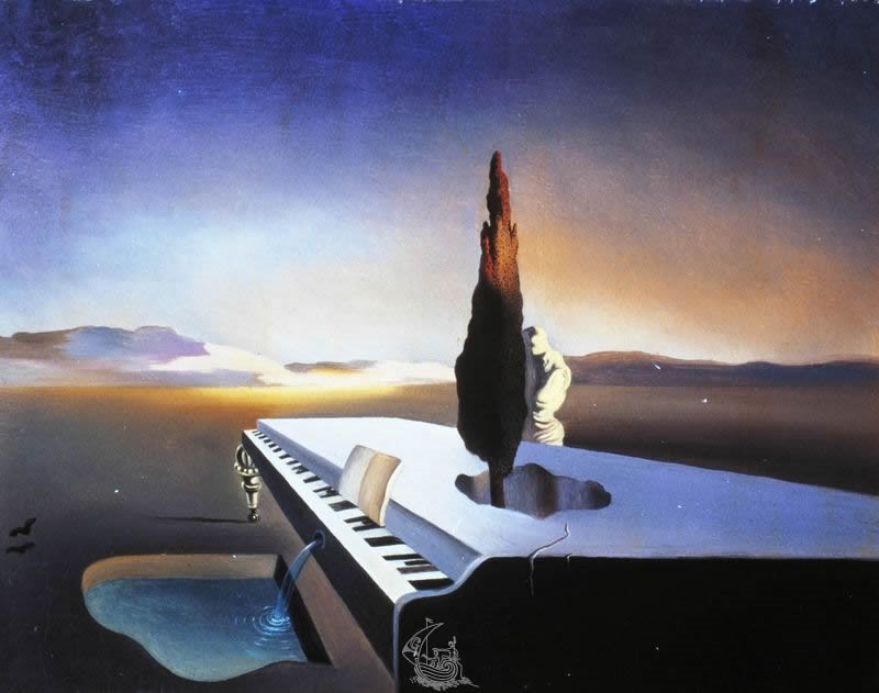 Salvador Dali 1932 painting "fontaine necrophilique d´un piano a queue" representing a grand piano in a surreal landscape transformed in a spring and from which a cypress grows.