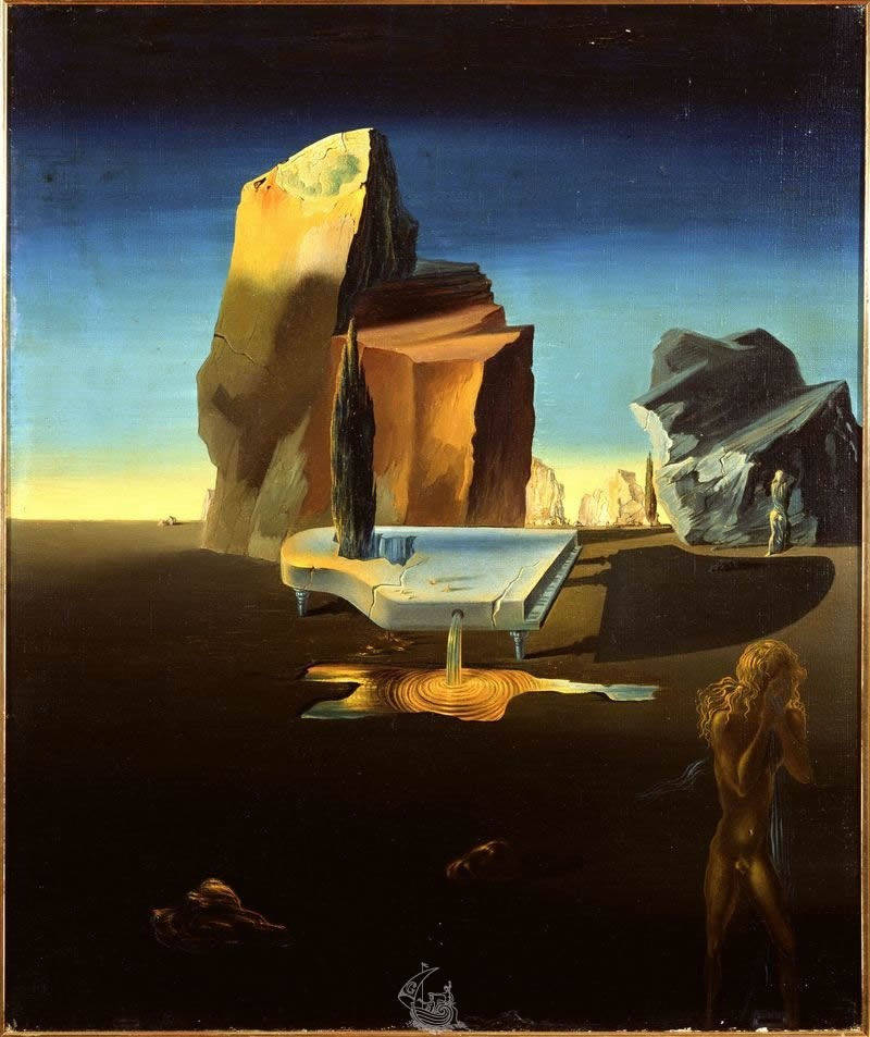 Salvador Dali 1932 painting "the mysterious sources of harmony" representing a piano in stone transformed in a spring and from which a cypress grows.