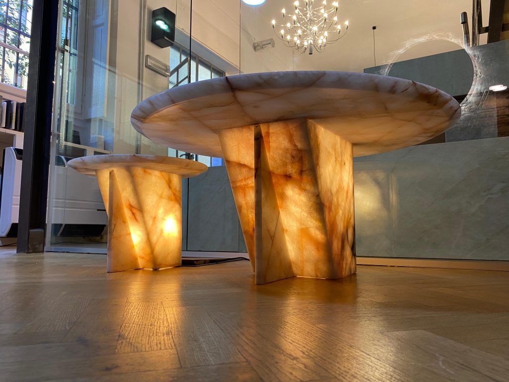 Coffee tables in polished Crystal Flower Quartzite, completed  with a light source to take advantage of the semi trnasparency of this natural stone
